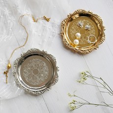 고급 미니 쟁반 빈티지 엔틱 트레이 원형 2개, 금+은백색, 1개