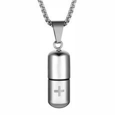 누리몰 긴급 생명 알약목걸이 협심증약 십자가 케이스 응급 휴대용 생명 건강목걸이 구조 비상약 약통 24인치/60cm, 실버, 1개