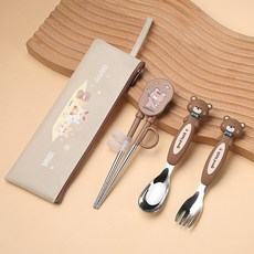 ibooooo 不鏽鋼兒童學習餐具訓練組 附收納袋, 小熊學習筷元寶叉元寶勺, 1個