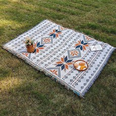 波西米亞戶外露營毯 房車午睡蓋毯 裝飾桌布 帳篷野營地墊 防潮野餐墊 臺灣出貨, 戶外毯-橙楓【雙面可用】,90*150CM