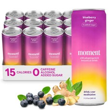 Moment Adaptogen Drink (상어 탱크) | 비탄화 무알코올 음료 | 블루베리 생강 | 진정과 선명도를 위한 L-테아닌 및 아슈와간다 | 설탕 0 추가 카페인, 11.5 Fl Oz (Pack of 12), 340ml, 1개