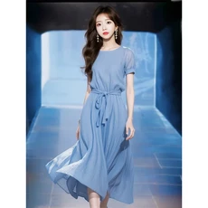 우아한 a 라인 블루 여름 드레스 배 모양의 플러스 사이즈 Bodycon 미디 대한 여성의 짧은 소매 허리 Cinch, 01 파란색 드레스, 01 XL