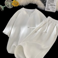 大碼V領冰絲短袖短褲套裝男女情侶夏季寬鬆大碼套頭休閒兩件套