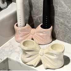 펄 리본 세라믹 욕실 세면대 전동칫솔 치약 꽂이 세트 홀더, 칫솔꽂이 2P(아이보리+핑크)