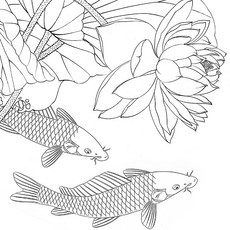 화선지 민화 모란 물고기 도안 채색 연습지, 4개, 4개 세트 A4 그림 세트 66x80cm