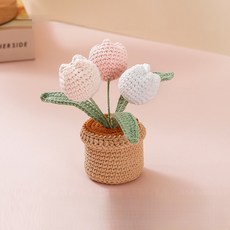 [리브나인] 시들지 않는 핸드메이드 니트 뜨개 플라워 미니 조화 화분 4종 택1, 튤립핑크, 1개