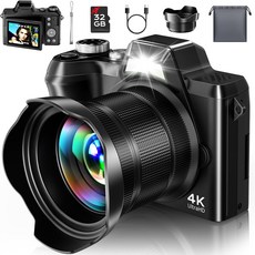 사진 촬영 여행용 4K 디지털 카메라 유튜브용 56MP 오토포커스 브이로그 3인치 80 플립 스크린 및 렌즈 후드가 장착된 6배 줌 32GB 카드 청소년 초보자를 위한 선물 디어, Black