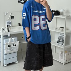 르위 블록코어 유니폼 져지 오버핏 브이넥 반팔 티셔츠 매쉬 럭비 풋볼 사커 스포티 반티 빅사이즈
