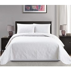 Mk Collection 풀/퀸 사이즈 오버 사이즈 254cm x 269cm 3피스 다이아몬드 침대보 침대 커버 엠보싱 솔리드 베이지 뉴, White