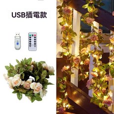 太陽能戶外燈 玫瑰花藤條裝飾燈串 柵圍欄植物葉 庭院陽臺氛圍led仿真, 玫瑰藤條燈串2米20燈（USB插電遙控款