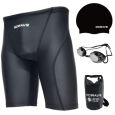 국내제작 모와비 남성용 5부 사각 수영복 4종세트 UV차단 미러 코팅 수경 실리콘 수모 방수 드라이백