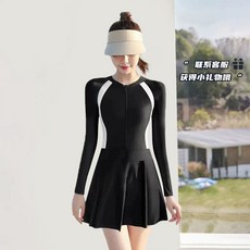 군살 지퍼형 서핑 블랙 레쉬가드 해변 집업 호캉스 긴팔원피스수영복 빅사이즈, E. 검은 배경과 흰색  긴 소매 분리 가능한