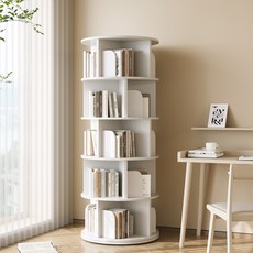 KURUA 학생 대용량 원형 책장 거실 서재 회전형 책꽂이, 흰색, 5단
