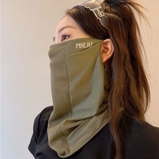 夏季剋萊因藍抗UV麵罩透氣護全臉女遮陽防曬口罩護頸冰絲麵紗, 1個, MIEJU麵罩-橄欖綠