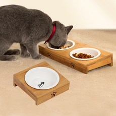 約翰家庭百貨 陶瓷寵物餵食碗 (雙碗款) - 傾斜護頸設計 貓狗竹木斜面碗架, 1個