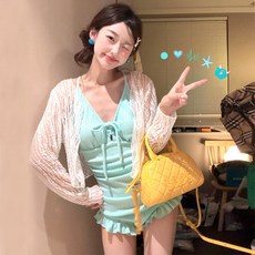 DFMEI 泳衣女款連體兩件套長袖蕾絲外衫顯瘦少女甜美泡溫泉泳衣, S(80-90斤)