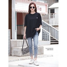 簡約刺繡小熊T #2178 胸前刺繡熊 背後彩繪小熊 寬鬆薄料棉質上衣, 黑, 1個