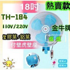 金牛牌 TH-184 18吋 壁扇 110V/220V 塑膠葉/鋁葉 付壁虎壁座, TH-184 壁扇 葉色膠葉