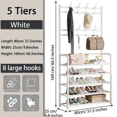 다층형 현관 신발장 DIY 바닥형 거실 정리대 (모자 및 신발 선반 ) 간편 옷걸이 수납함, White 80cm 5 Tiers