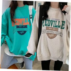 여성 기모 맨투맨 레터링 루즈핏 긴팔 티 셔츠, 민트