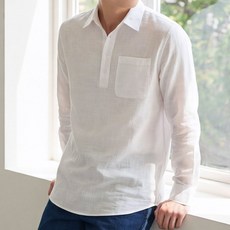 루크 남성 봄여름 레트로 린넨 카라 티셔츠 가볍고 시원한 긴팔 면마 셔츠 데일리 기본 베이직 반오픈 남방