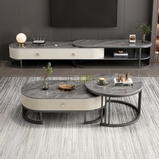 茶幾電視櫃家用客廳最新款套裝軟包輕奢組閤餐桌兩用組閤茶幾桌子茶幾 邊幾 邊桌 邊櫃 茶桌, 1個, 紳士黑架單層雪花白岩板+雪花白電視櫃,80CM搭配120CM