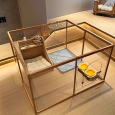 원목 아크릴 유리 투명창 케이지 강아지펜스 애완동물 강아지울타리, 1개, G. 문이 있는 전체 인클로저6개 패널 지붕 없음