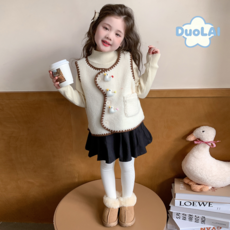 세븐스타AD6175여아 키즈 유아동 겨울 가을 봄 고퀄 코튼 면혼방 뽀글이 후리스 보아털 라운드넥 캐릭터 장식 복고 빈티지 조끼 베스트 경량 소프트 방한 보온 데일리룩