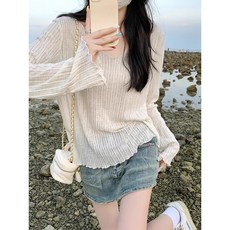 여성 아이스 니트 시스루 긴팔 티셔츠 여름 루즈핏 데일리룩
