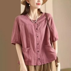 75kg까지 빅사이즈 2026 여성 여름 리넨 혼방 라운드넥 단색 반팔 셔츠 빈티지 카디건 포켓 싱글 우아한 시원함 버튼 디자인 캐주얼