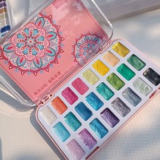 珠光水彩顏料 分裝固體水彩 美術繪畫工具 美甲彩繪 黏土染色, 珠光啓繪-曼陀星黛,24色 亞克力盒裝