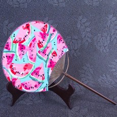 土布麵竹蒲扇團扇竹芭蕉扇仿古典夏季圓文手老工藝古典紙傳統扇子, 1個, 西瓜竹布團扇, 西瓜竹布團扇