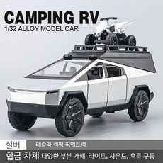 테스피카 캠핑카는 실제 합금 어린이 장난감 자동차 소년용 사운드라이트 캠핑카 그리고 풀백 카를 모방합니다, 1 32 테슬라 캠핑 픽업 (오토바이 포함) 은색