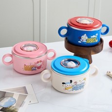 卡通304不銹鋼寶寶防燙雙耳碗-臺灣出貨，雙耳設計，防摔輔食碗，幼兒園飯盒, 深海藍,碗+水杯+餐具, 1個