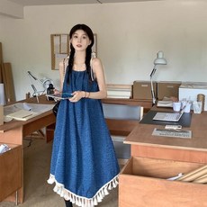 Cwadun 여성 데님 슬링 드레스 불규칙 디자인 우아한 롱 드레스