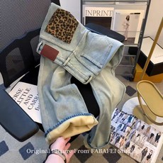 비펑 여자 호피 배색 기모 여성 청바지