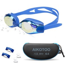AIKOTOO Nearsighted 수영 고글 수영장 누출 방지 김 서림 UV 성인 청소년 남성 여성 블랙 -8.0 [호환], -3.5, 미러 코팅 블루 59