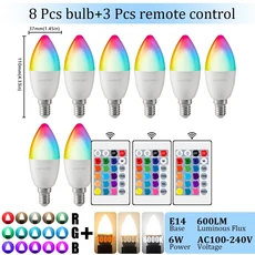 1-10PCS E14 촛불 LED 전구 RGB 24 키 원격 제어 디 밍이 가능한 6W AC220V 침실 램프에 대 다채로운 변경, 02 8pcs, 01 AC100-240V, 02 RGB 6000K