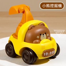 台灣出貨 迷你可愛表情圓潤慣性車 慣性車 工程車 滑行車 玩具車 消防車 警車 救護車 小汽車 甜品車 遊戲車, 小熊挖掘車, 1個