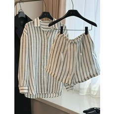 스트라이프 셋업 화이트 여성 린넨 긴팔 셔츠 캐주얼 반바지 투피스 슈트 세트