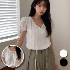 핏몬 여성 퓨어 퍼프 리본 레이스 여름 반팔 블라우스
