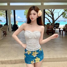 夏季度假抹胸綁帶花朵包臀裙三件式泳裝套組, 白色
