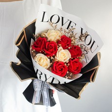 BIKASU 로맨틱 비누 꽃다발 장미 꽃다발 + 쇼핑백 세트, 1개, 레드