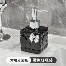 스퀘어 욕실 세라믹 디스펜서 세제통 주방세제 샴푸통, 1개, 다이아몬드 패턴 용기+리본 엘레강스블랙