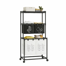 RUNDX 이동식 3단 대용량 빨래바구니 세탁바구니 선반, 블랙