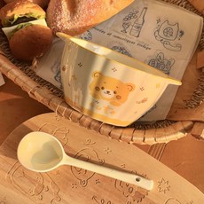 雙耳陶瓷南瓜碗 蜜蜂熊圖案, 蜜蜂熊 一碗一勺 5.5英寸南瓜碗 勺, 1個