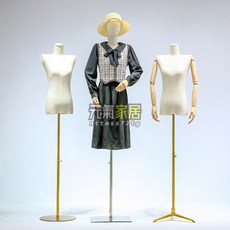 韓版平肩高檔模特道具女半身人臺服裝店直角肩時尚人臺模特展示架櫥窗模特兒 擺攤人檯模特兒 人形模特兒, 平肩木色手+銀三角,【加厚麻布】米白色