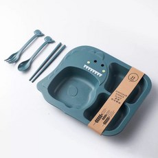 生活好物 創意恐龍卡通兒童餐具 兒童碗筷套裝 寶寶輔食碗 家用麥縴維盤子 塑料餐盤, 兒童餐盤四件套藍色, 1個