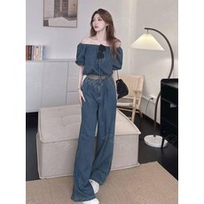 여름 오프숄더 데님 상의 하이웨스트 와이드 팬츠 투피스 세트