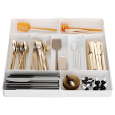 桃園妙出貨 抽屜收納盒 廚房伸縮分隔盒 多功能抽屜整理盒, 【白】三分格＋四面伸縮＋2隔板, 1個